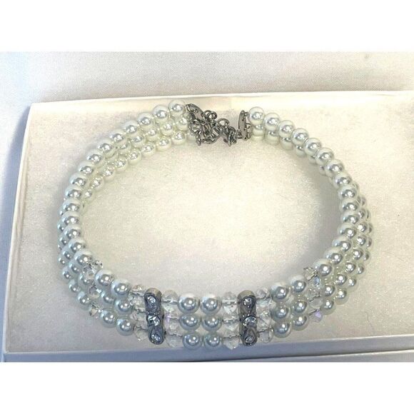 Kissaka Necklace Pearl Bead & Crystals Multi Strand Choker Necklace 13-16" - Picture 3 of 3